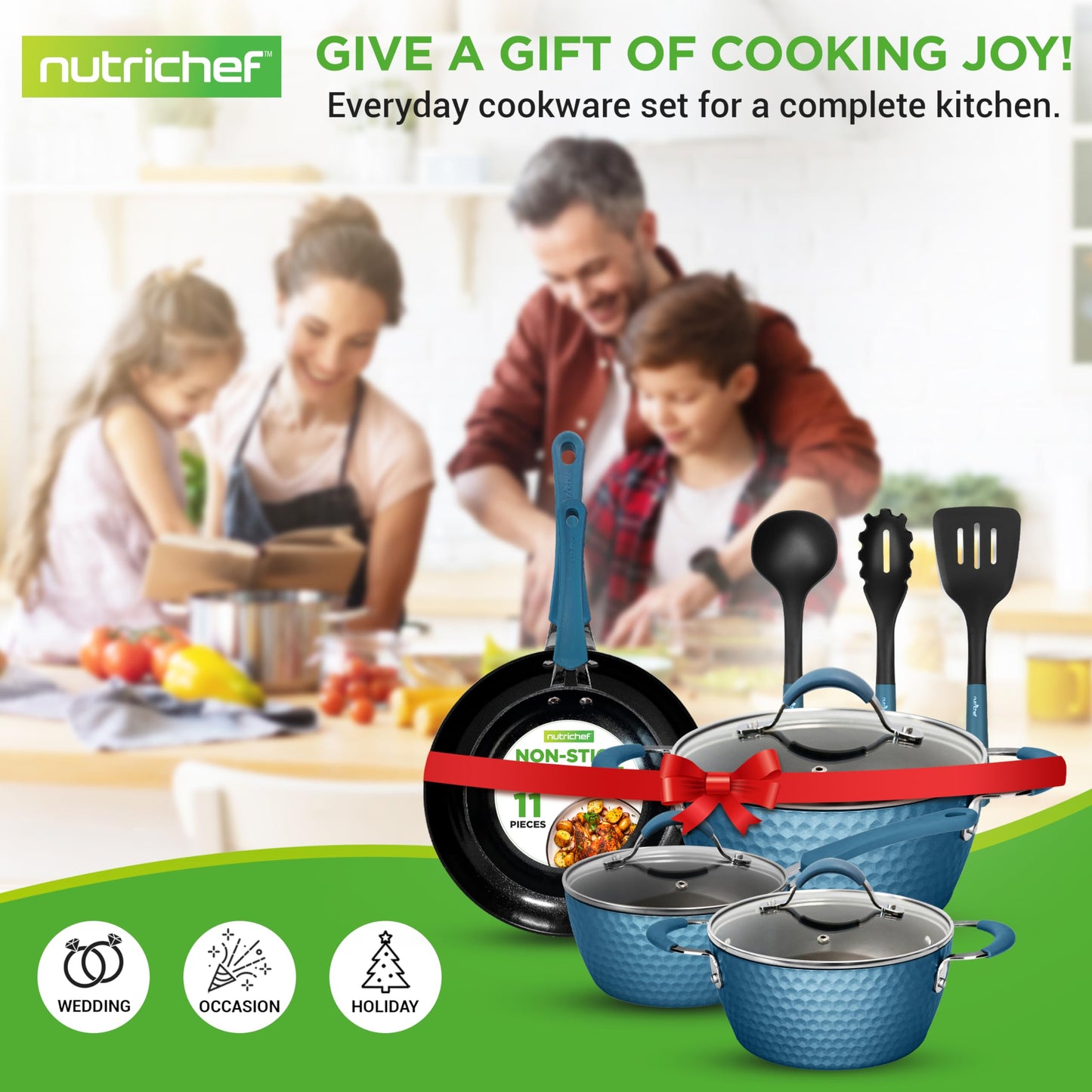 NutriChef 11 Pc Pots and Pans Set - Non Stick Cookware Set with Ceramic Coating, Ergonomic Handles, Induction Ready, Includes Saucepan, Dutch Oven, Large & Small Fry Pans - Royal Blue