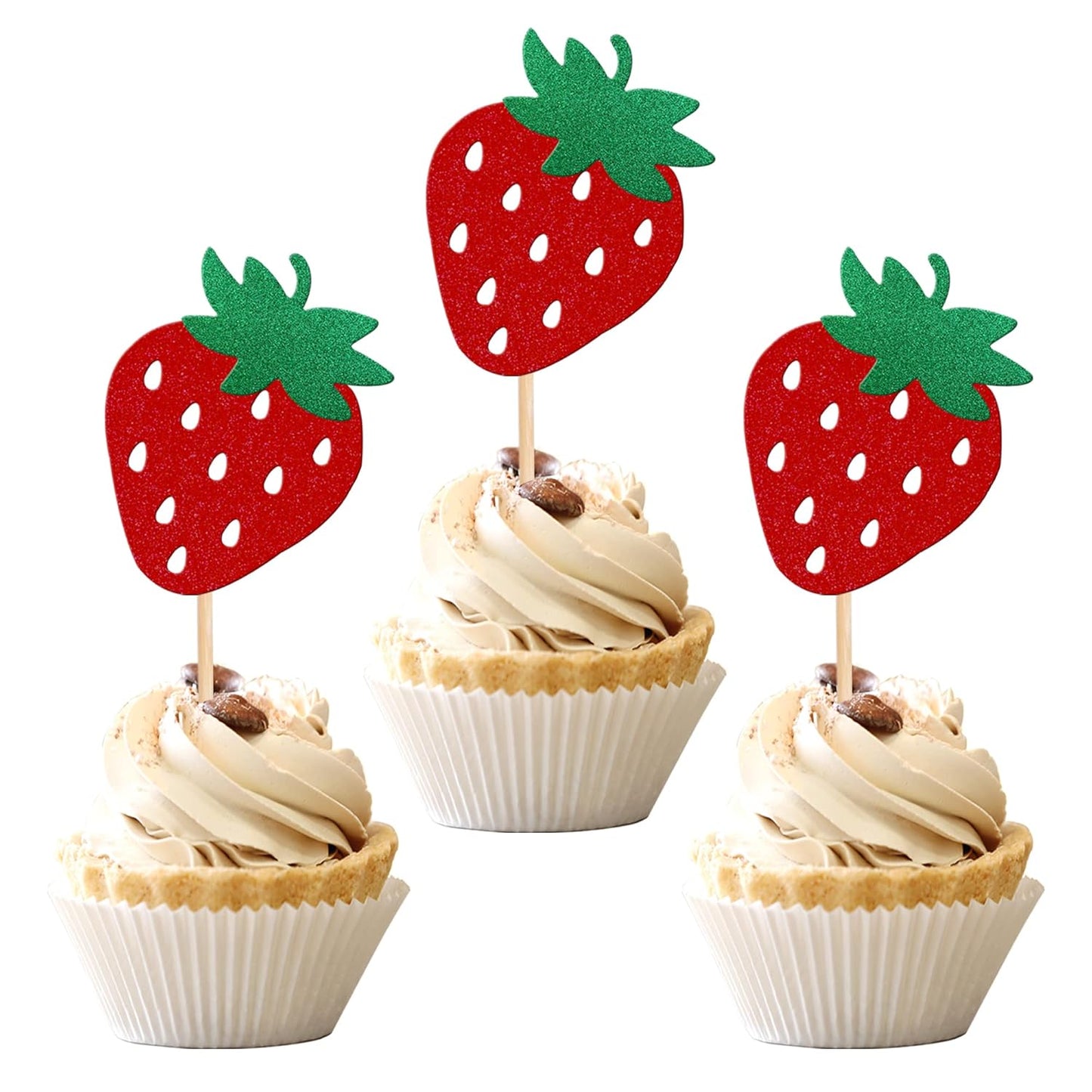 Skiennix 24 PCS Strawberry Cupcake Toppers - Red Glitter Fruit Theme Picks for Summer Parties