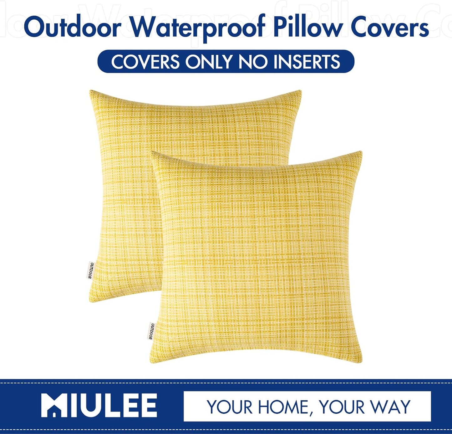 MIULEE Outdoor Waterproof Throw Pillow Covers - Decorative Farmhouse Cushion Covers, 18x18 Inch, Yellow | Pack of 2