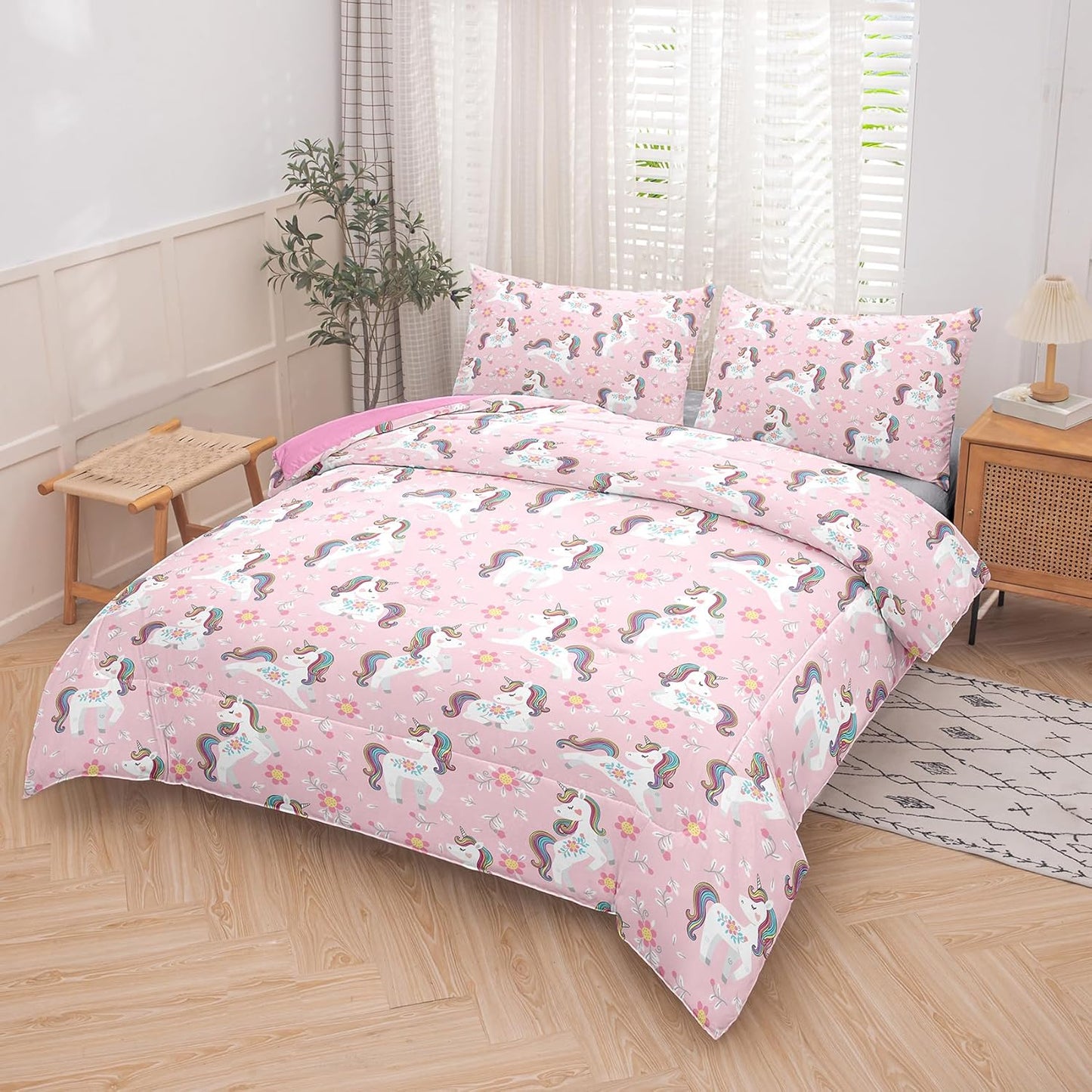 Peopleareok Unicorn Full Comforter Set for Girls Kids, Cute Pink Purple Unicorn Print Bedding Set Full, 5-Piece Bed in a Bag, Kids Cartoon Kawaii Comforter with Sheet Set