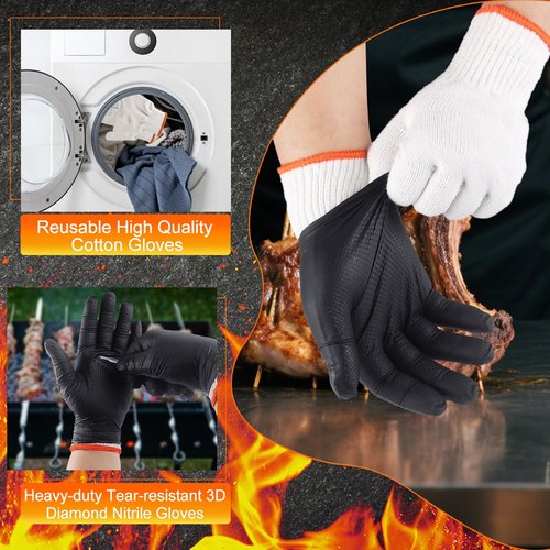 ANBOSON BBQ Gloves - Disposable Heat Resistant Grilling Gloves with 4 Reusable Cotton Liners | 100 Nitrile Gloves, 10Mil Thick, Non-Slip Grip, Black Large