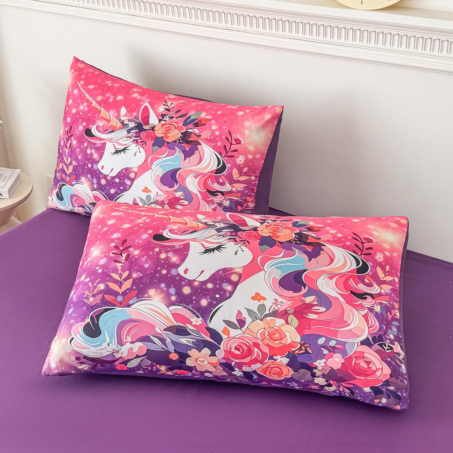 Peopleareok Unicorn Full Comforter Set for Girls Kids, Cute Pink Purple Unicorn Print Bedding Set Full, 5-Piece Bed in a Bag, Kids Cartoon Kawaii Comforter with Sheet Set