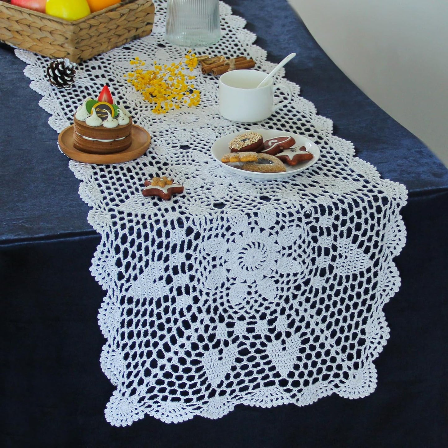 Handmade Crochet Lace Table Runner 15x51 Inch - Elegant White Décor