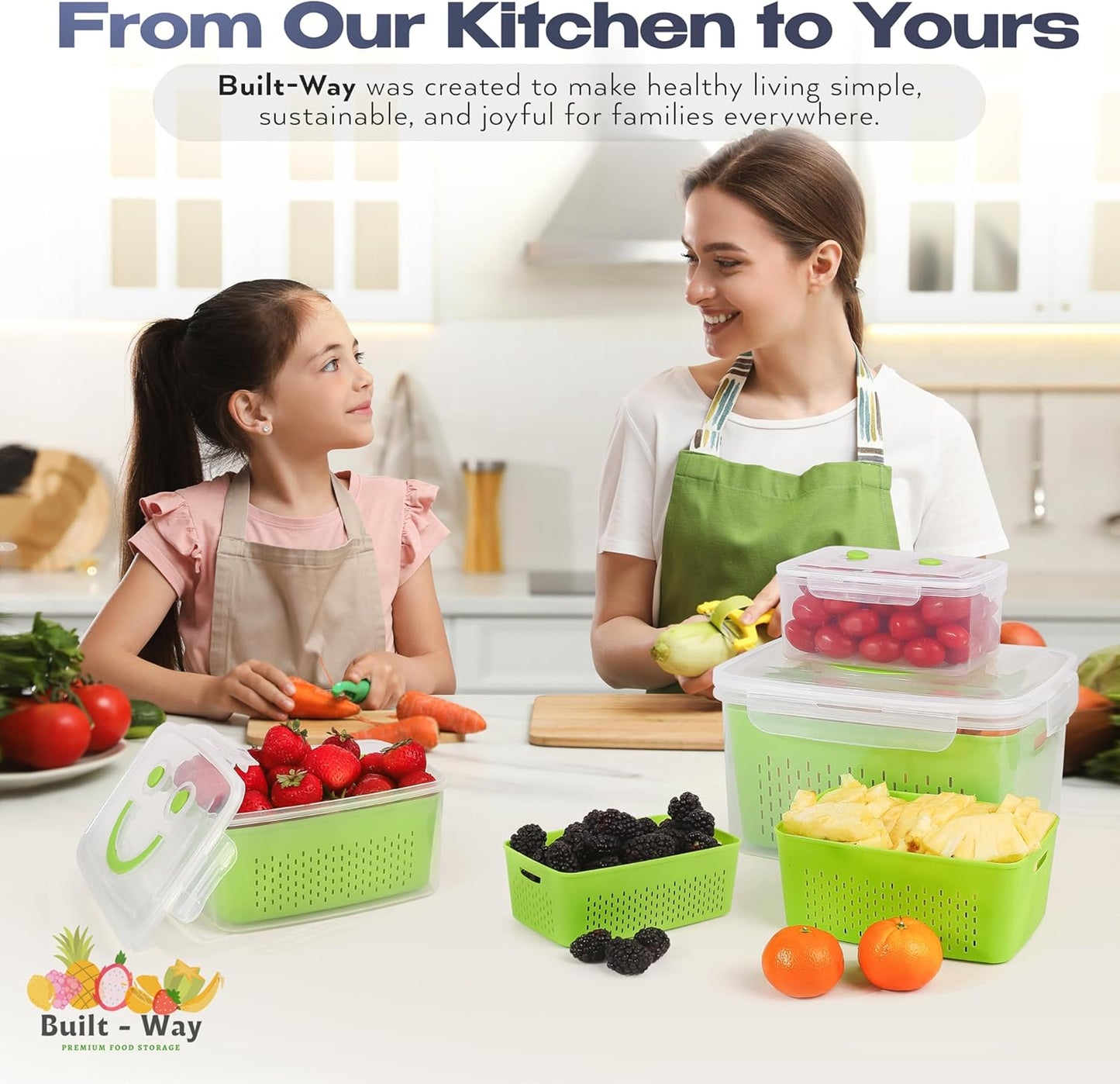 Skiennix Fruit Storage Containers - Airtight Set of 4 for Fresh Produce & Snacks - Space-Saving Green Design