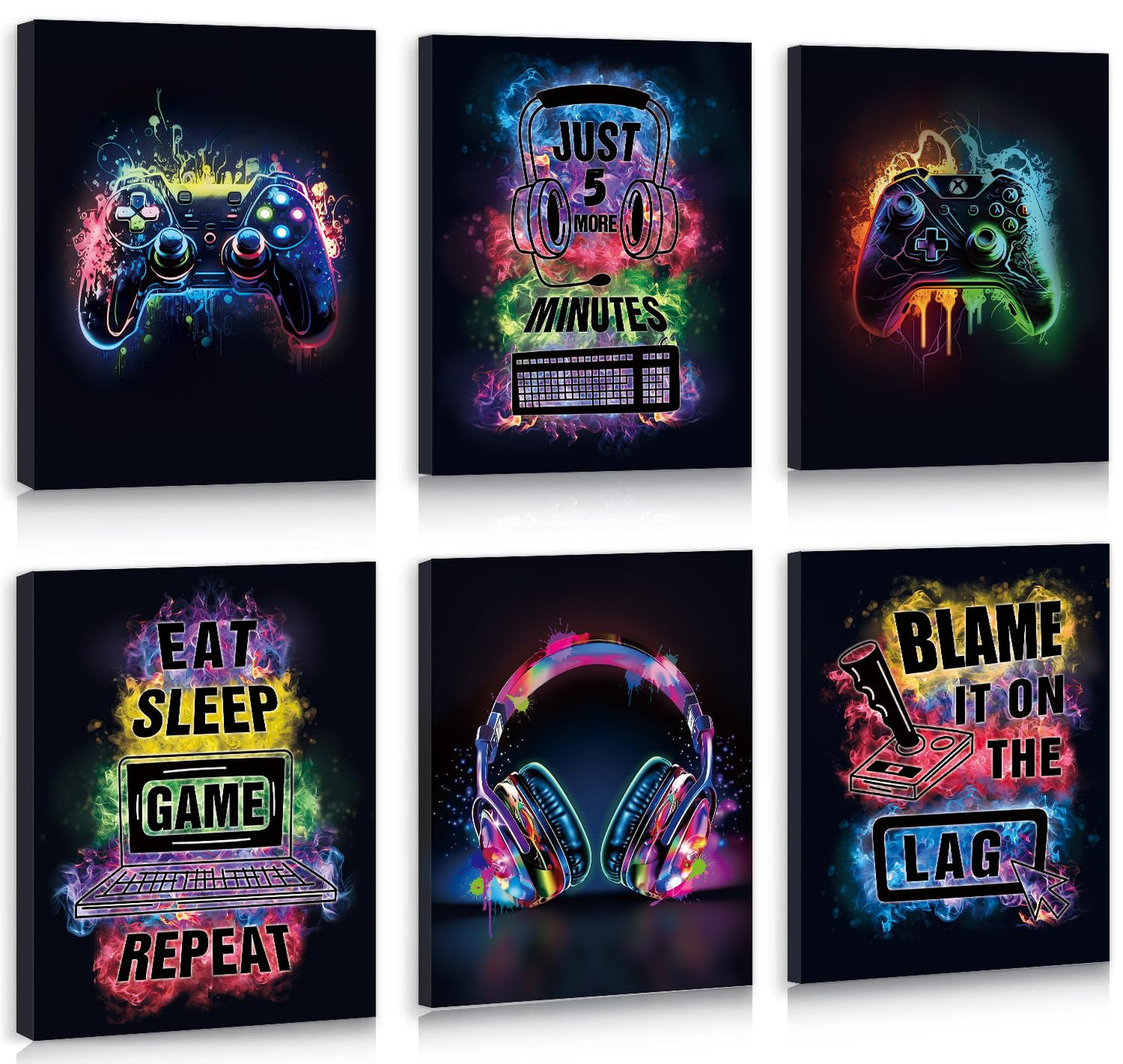 HPNIUB Gamer Room Decor for Boys, Video Game Wall Art Graffiti Gamepad Earphone Canvas Poster, Set Of 6 Piece (8x10inch,Framed) Gaming Picture for Teenage Boy Room Decororations