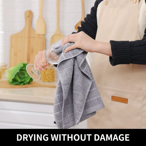 Homaxy 100% Cotton Terry Kitchen Towels(Light Grey, 13 x 28 inches), Checkered Designed, Soft and Super Absorbent Dish Towels, 12 Pack