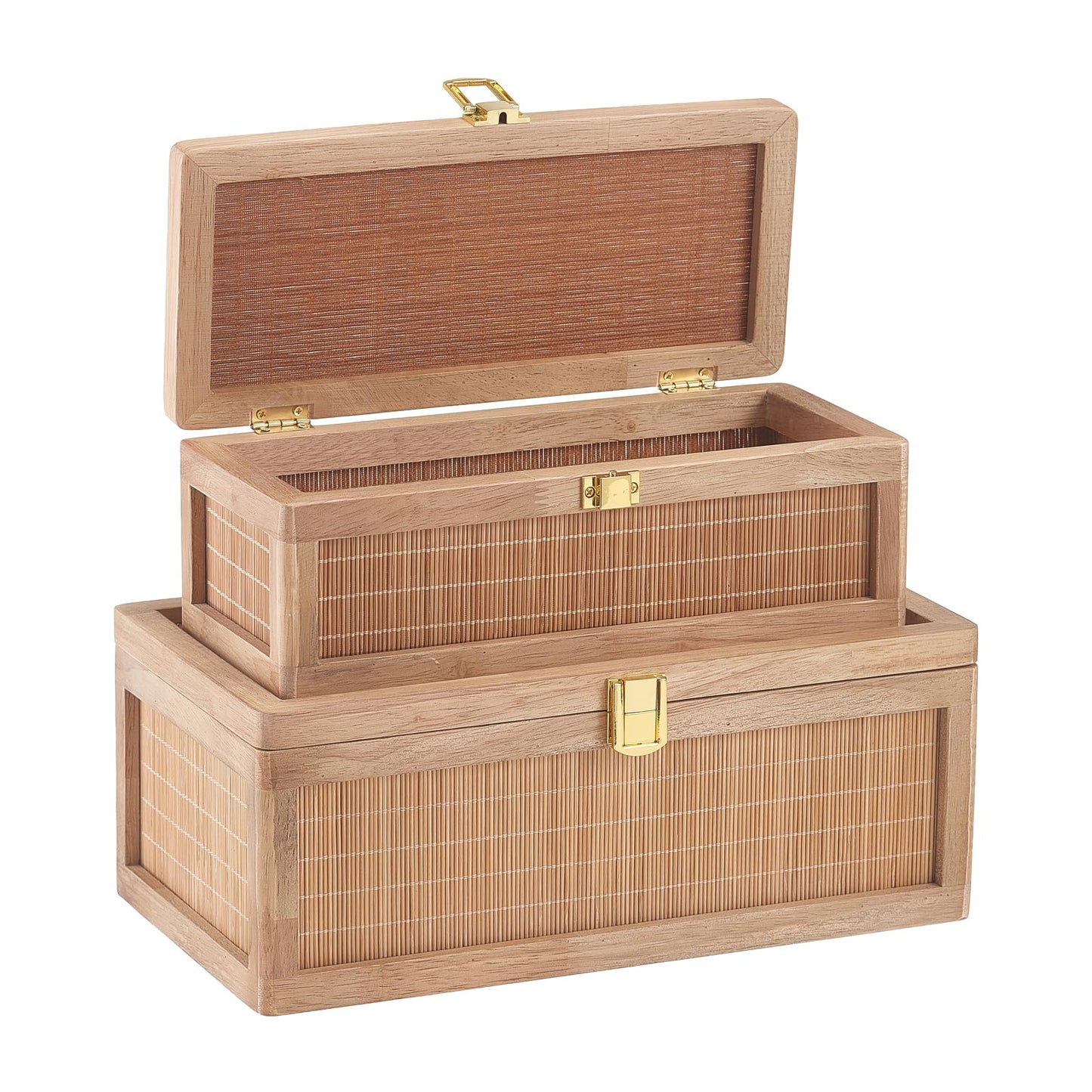 HuiDao Rattan Decorative Box, Boho Display Boxes with Lids, Set of 2 Rectangular Wicker Storage Basket, Natural Woven Cane Bins for Home Decor (Rectangular)