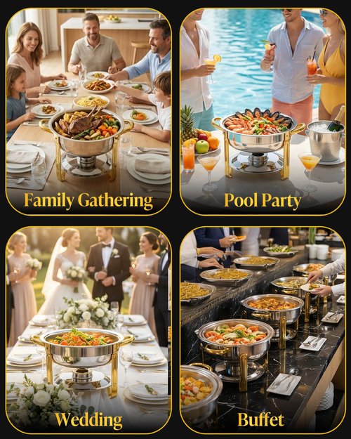 Chafing Dishes for Buffet 4 Pack, 6QT Round Chafing Dish Buffet Set Stainless Steel Buffet Food Warmers Sets for Catering Events Parties Dinners with Complete Set,Gold and Silver (4, Gold)