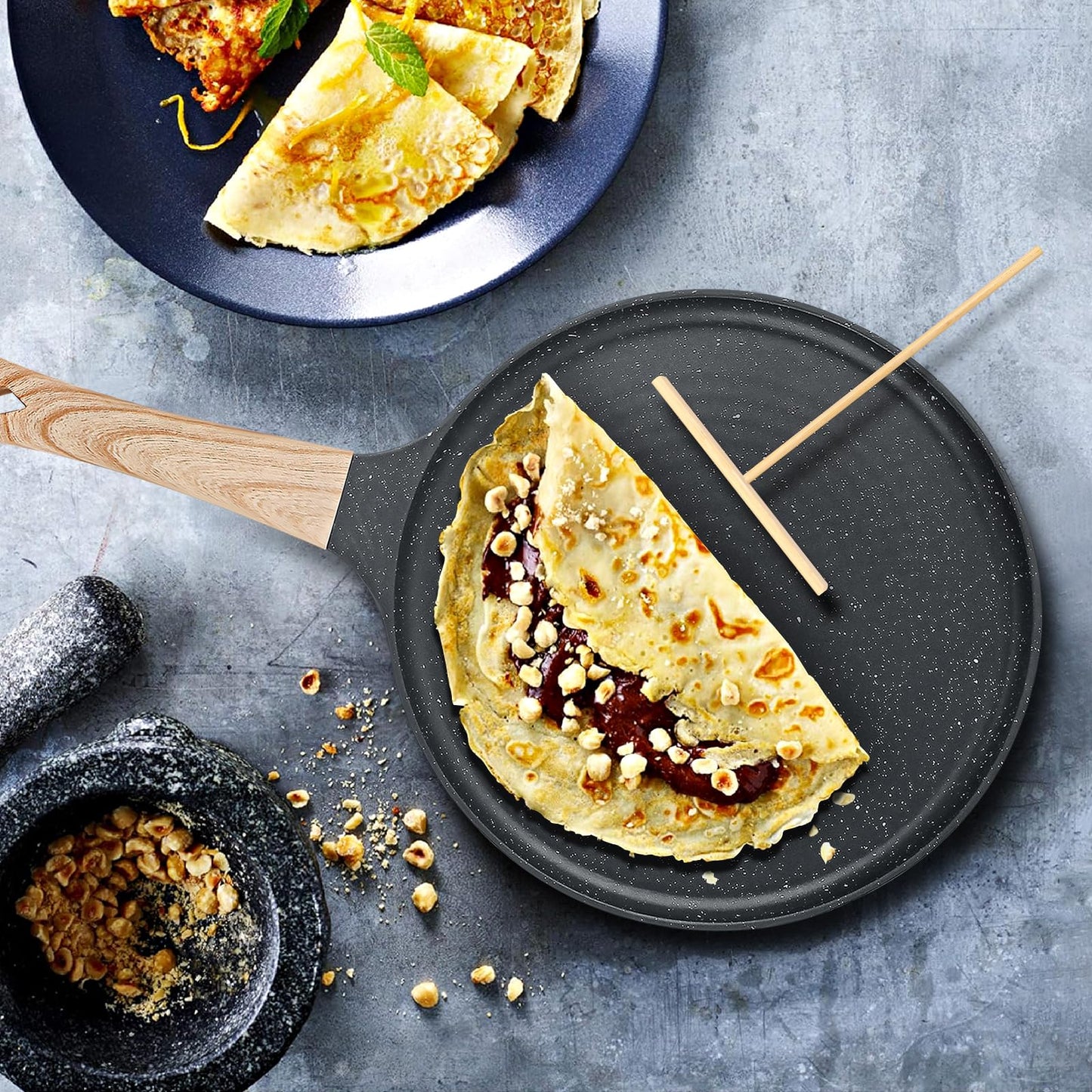 SouxMux Nonstick 8-Inch Crepe Pan with Spreader, Ceramic Coated Dosa Tawa Pan, Induction Compatible Flat Skillet for Pancakes, Omelettes, and More with Cool Handle, PFOA Free
