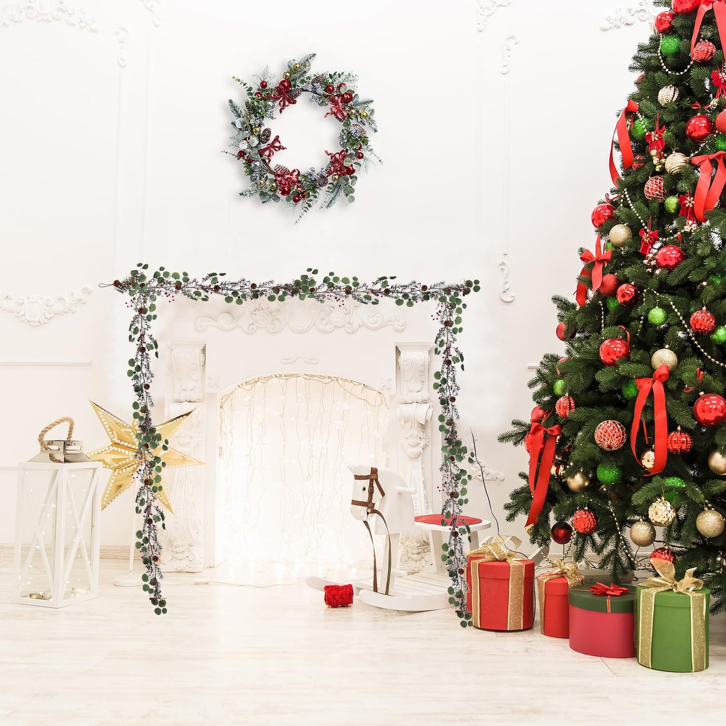 LOHASBEE Christmas Garland, 5FT Natural Eucalyptus and Pine Christmas Garland with Red Berries and Pinecones - Perfect Festive Decoration for Your Home