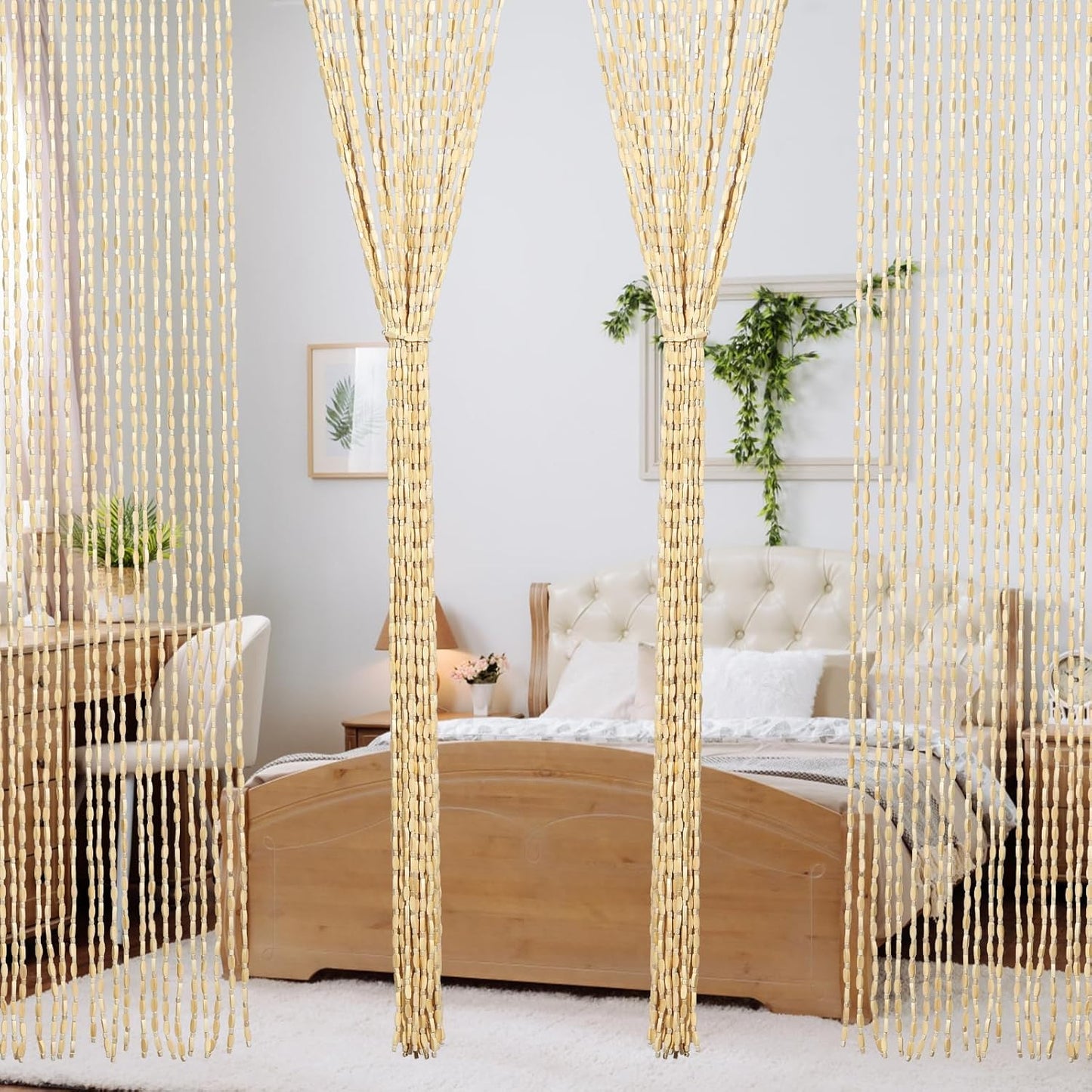 35.5" x 75" Bamboo and Wood Beaded Curtain for Doorway 52 Strands Handmade Bohemian Door Beads Curtain Boho Hanging Room Divider for Bedroom Living Home Deco, Beige