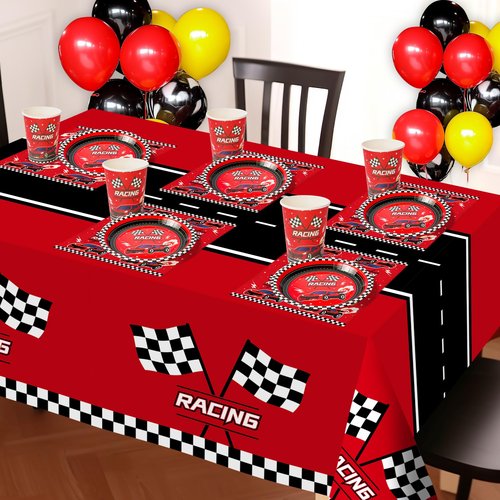 Childom 102 PCS Racing Car Tableware Sets,Race Car Birthday Party Supplies,Disposable Racing Tablecloths,Plates Cups Napkins,Cars Themed Tableware Set for Boys Birthday,Kids Parties,Racing Party Decor