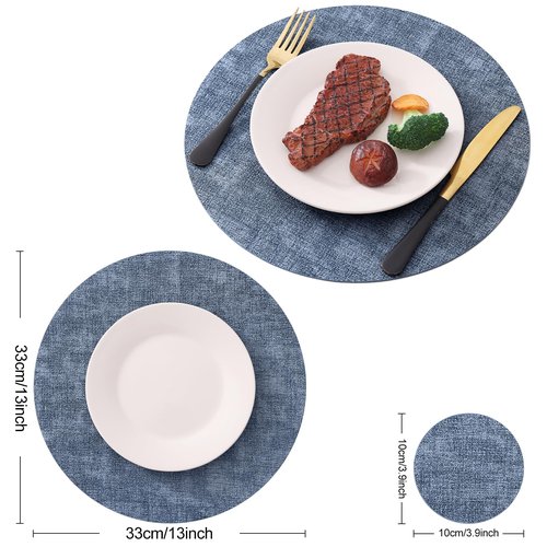 Homaxy Round Faux Leather Placemats and Coasters, Washable Dual-Side Table Mats, Wipeable Heat-Resistant Dining Place Mats for Outdoor and Indoor, Set of 6, Diameter 13 and 3.93 inch, Blue