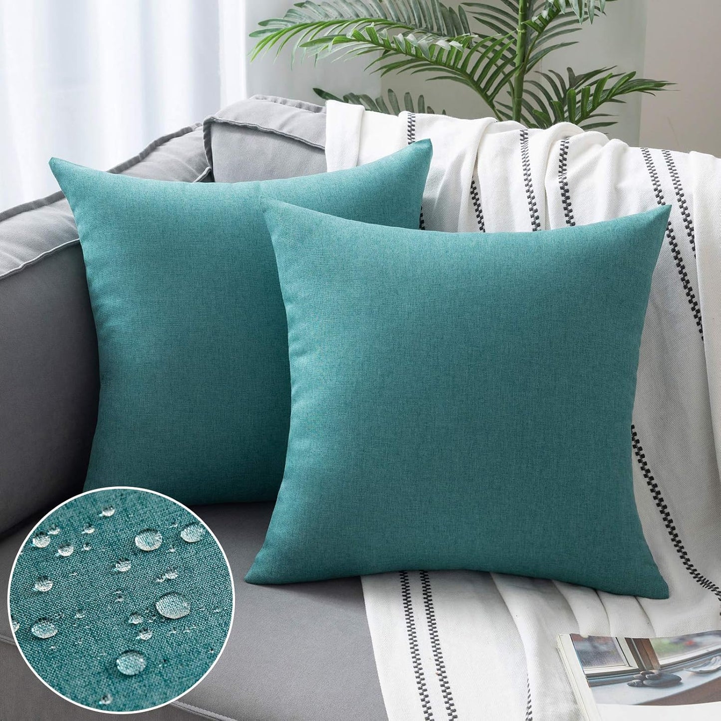 Woaboy Outdoor Waterproof Throw Pillow Covers - Set of 2 Decorative Farmhouse Cushion Cases | Turquoise 16x16 Inch