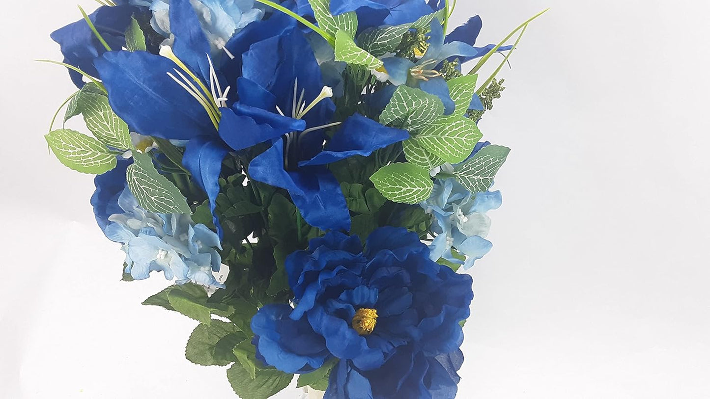24-Stem Artificial Flower Arrangement - Mixed Roses & Carnations for Indoor/Outdoor Wedding & Home Decor - Spring Faux Flowers in Blue