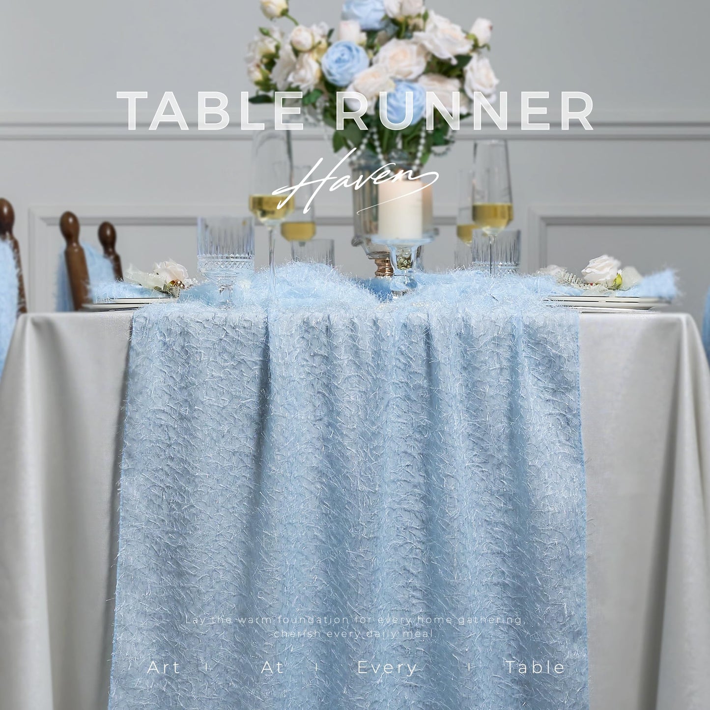 Leetaltree Dazzle Table Runner (Light Blue, 1 Pack) - Luxury Fringe Appliqué Raised Linear Sparkle - Iridescent Elegant Gift Set for Wedding, Christmas, Tree Skirt, Birthday, Holiday & Home Decor
