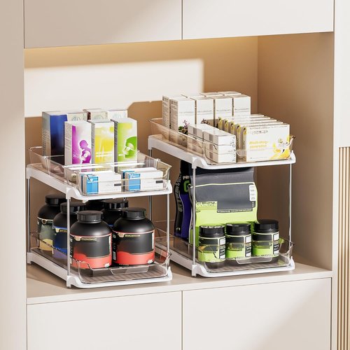 Delamu 2-Tier Bathroom Under Sink Organizer - Stackable Storage with Movable Dividers, White | 2 Pack