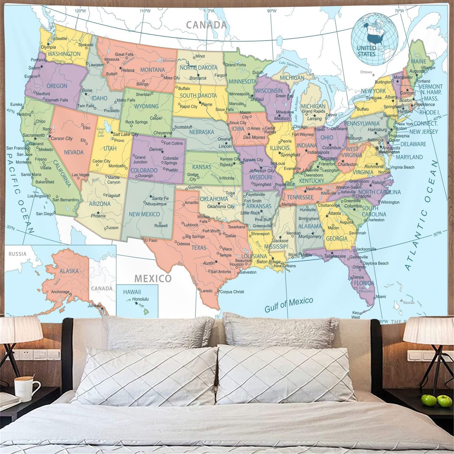 TOMOZ United State Map Tapestry, US Maps Tapestry for Kids Student, Educational Tapestry Wall Hanging for Classroom Bedroom Living Room Dorm Decor 90 x 60Inch