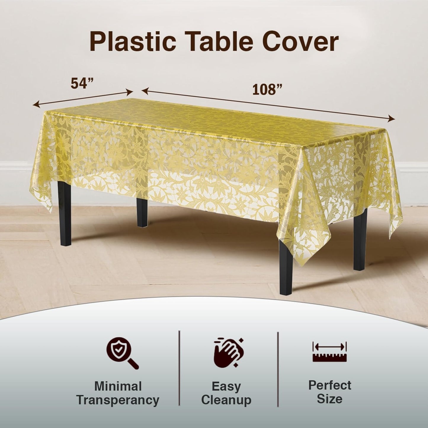 Disposable Clear & Gold Floral Lace Tablecloths - 12-Pack Rectangular 54" x 108" for Party Decor