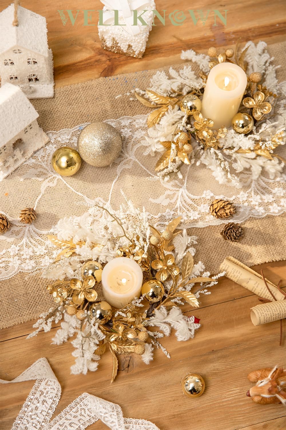 Skiennix 2 Pcs 9" Mini Golden White Floral Candle Rings - Elegant Home Decor for Pillars & Windows