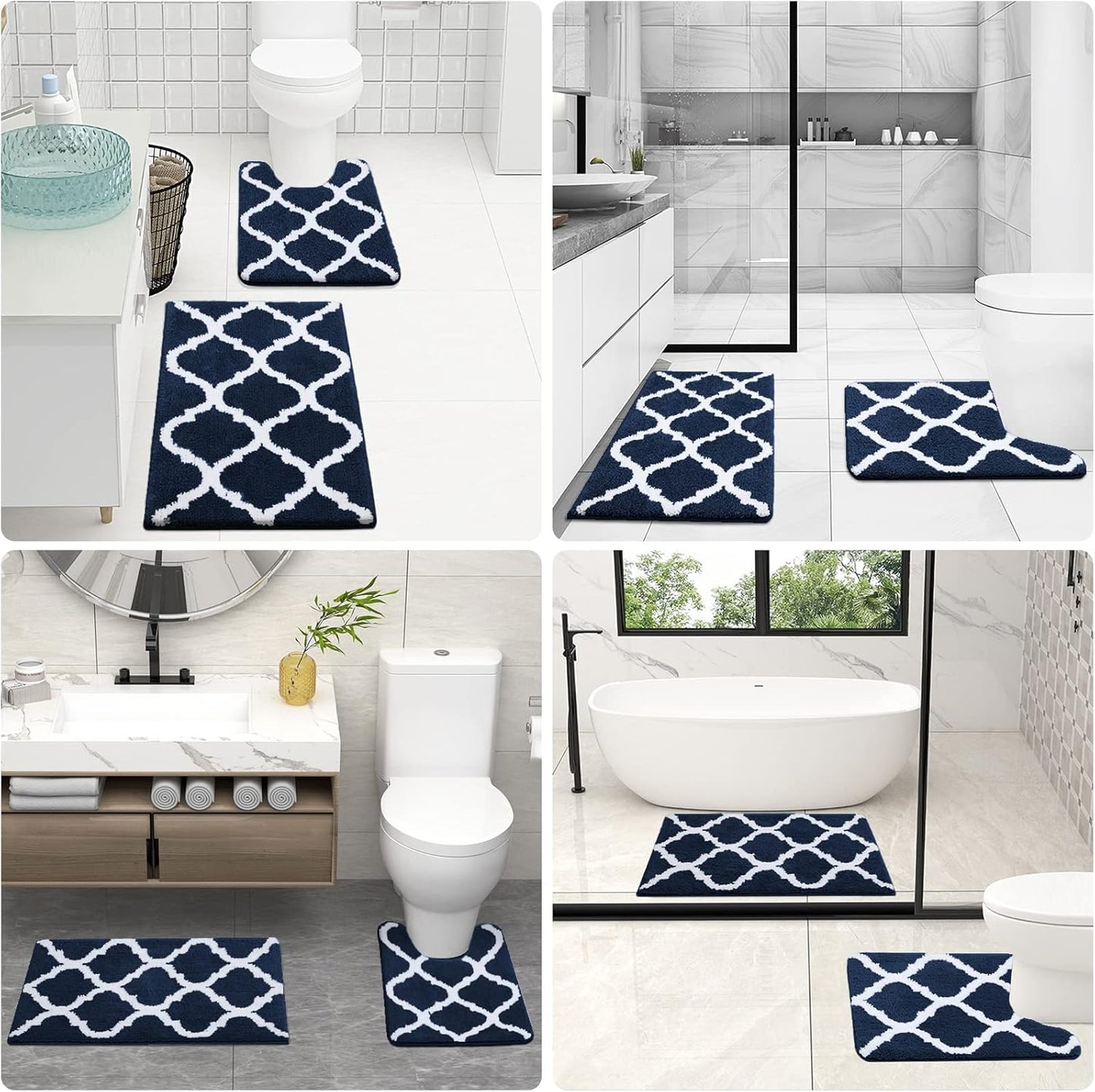 OLANLY Bathroom Rugs Set - Microfiber Non-Slip Bath Mat & U-Shaped Toilet Rug - Navy (30"x20"+24"x20")