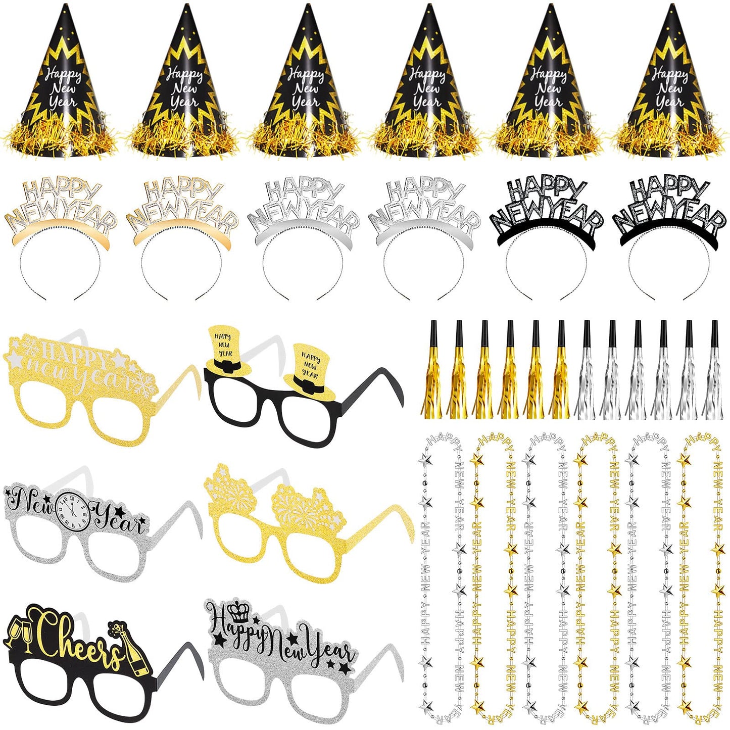 60 Pcs 2025 New Years Eve Party Supplies Decorations Kit Happy Headband Bulk Glasses Cone Hats Necklace Blowout for New Years Favor