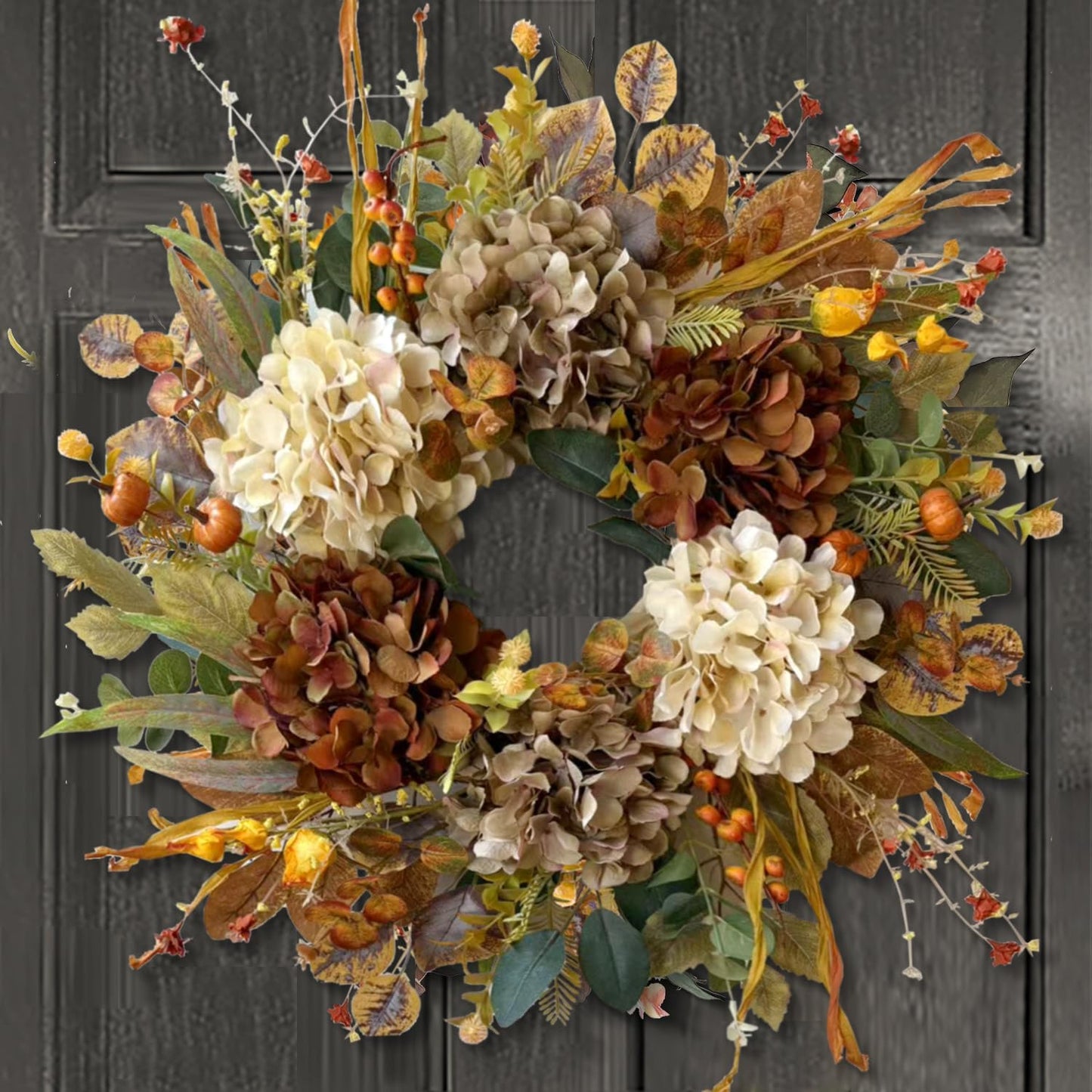 WANNA-CUL 24 Inch Fall Wreath - Hydrangea & Little Pumpkins | Seasonal Home Decor for Autumn & Thanksgiving