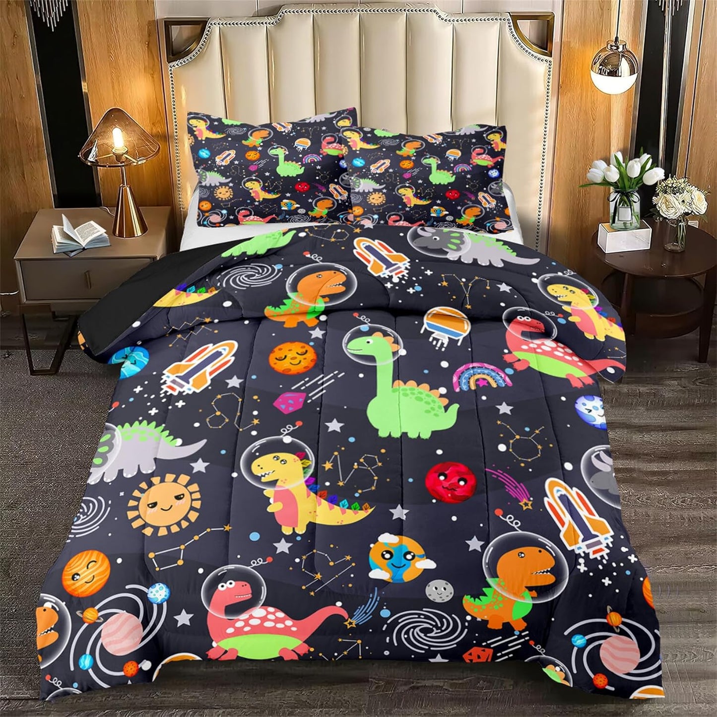 Cute Cartoon Dinosaur Bedding Set, Ultra Soft Full Size Comforter Set for Boys, Lovely Dinosaur Printed Comforter for Kids Teens, Dark Blue Microfiber Quilt for All Season 3Pcs with Pillowcases