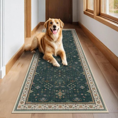 Hazo Haus Dark Green Kitchen Runner Rug - Modern Vintage Boho Floral Pattern, 2x8 Non-Slip, Washable