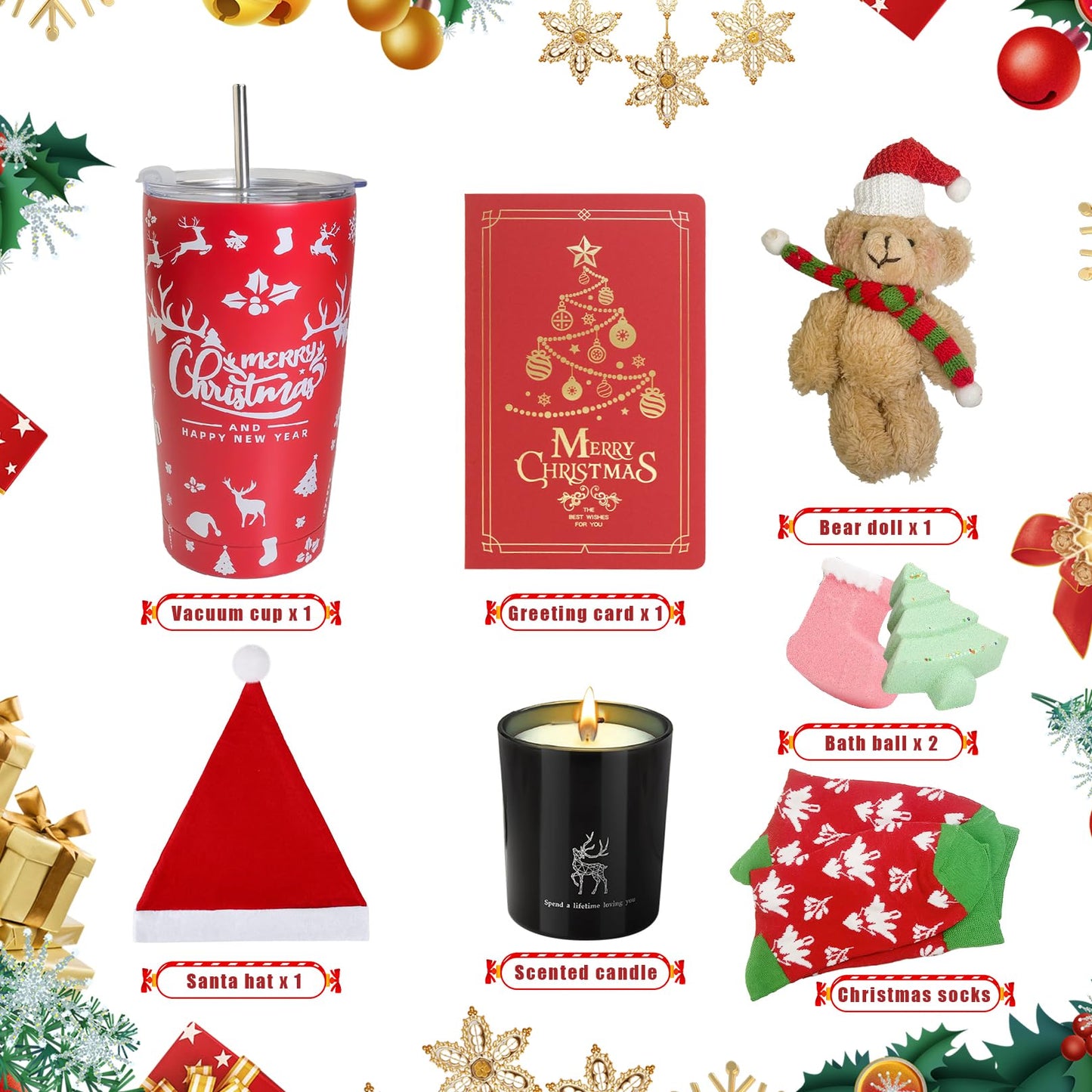 8Pcs Christmas Basket Gift for Women, Christmas Tumbler Holiday Gifts Basket for Women,Mom Wife Girlfriend Sister Her, 2024 Xmas New Years Gift Ideas for Women Who Have Everything