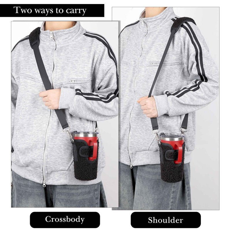 Linkidea Tumbler Carrier with Strap Compatible with Iron °Flask Grip Coffee Mug 16oz, Polar Fleece Mug Sling Bag Holder with Shoulder Strap (Black)