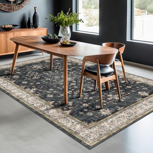 Boho Dining Room Rugs - 6x9 Washable Black Area Rug | Non-Slip Low Pile for Living Room & Bedroom