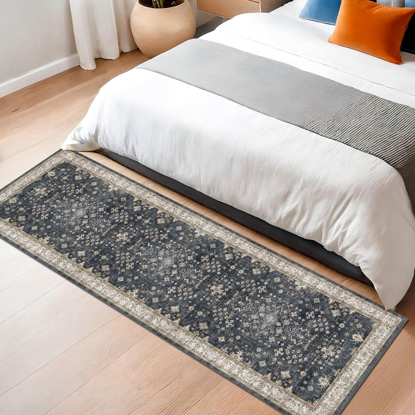 Vintage Floral Runner Rug by Black Entryway - Non-Slip, Washable, Stain Resistant | 2x5 ft Dark Ashen Charcoal