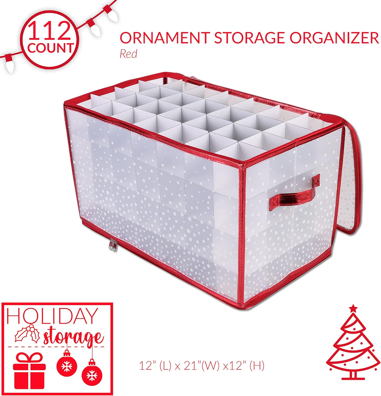 Ornament Storage Organizer for 112 Ornaments | Zipper Closure | Space-Saving Red Design