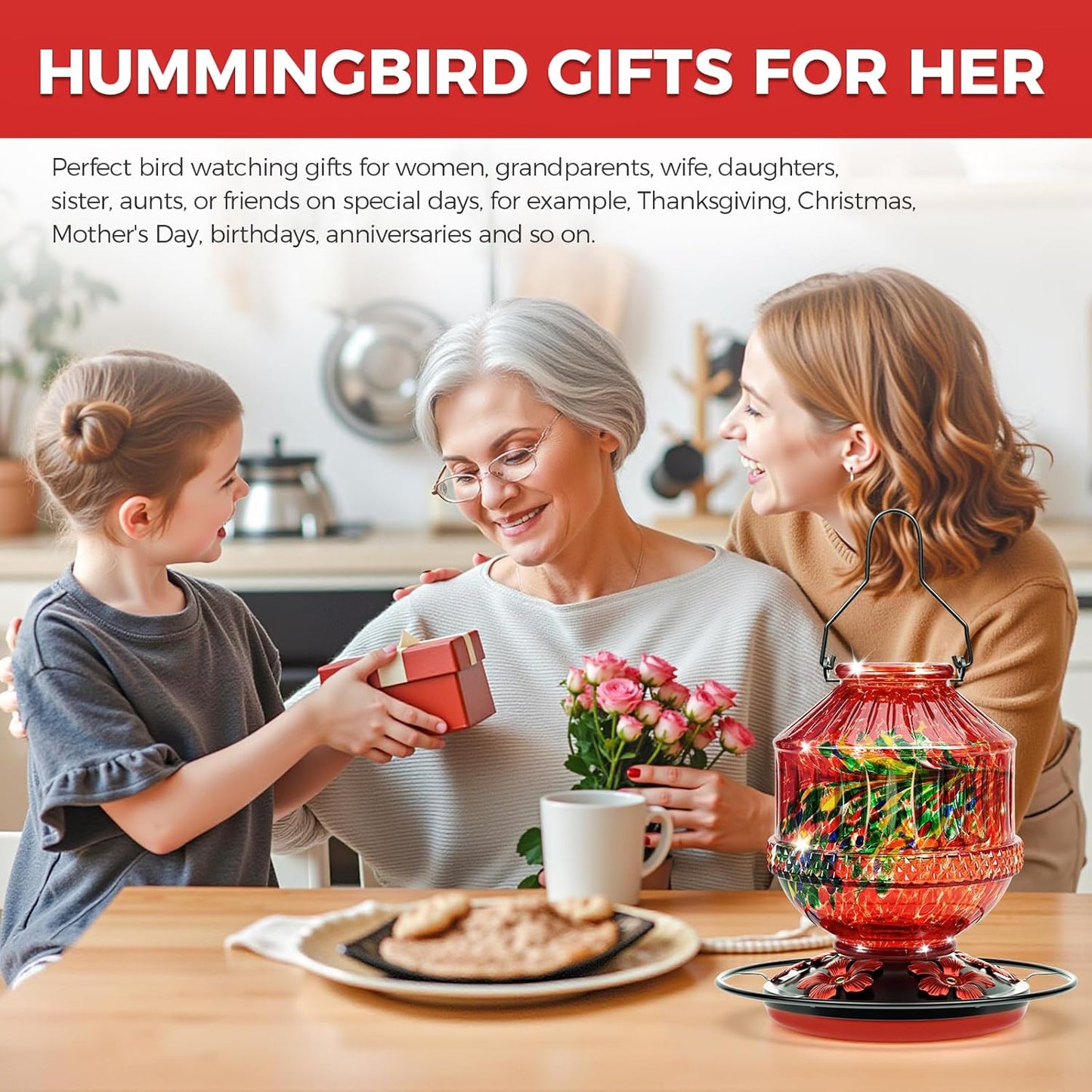 Skiennix Blown Glass Hummingbird Feeder - 25 Ounce Leak-Proof Nectar Feeder with 5 Flower Ports | Red Garden Decor