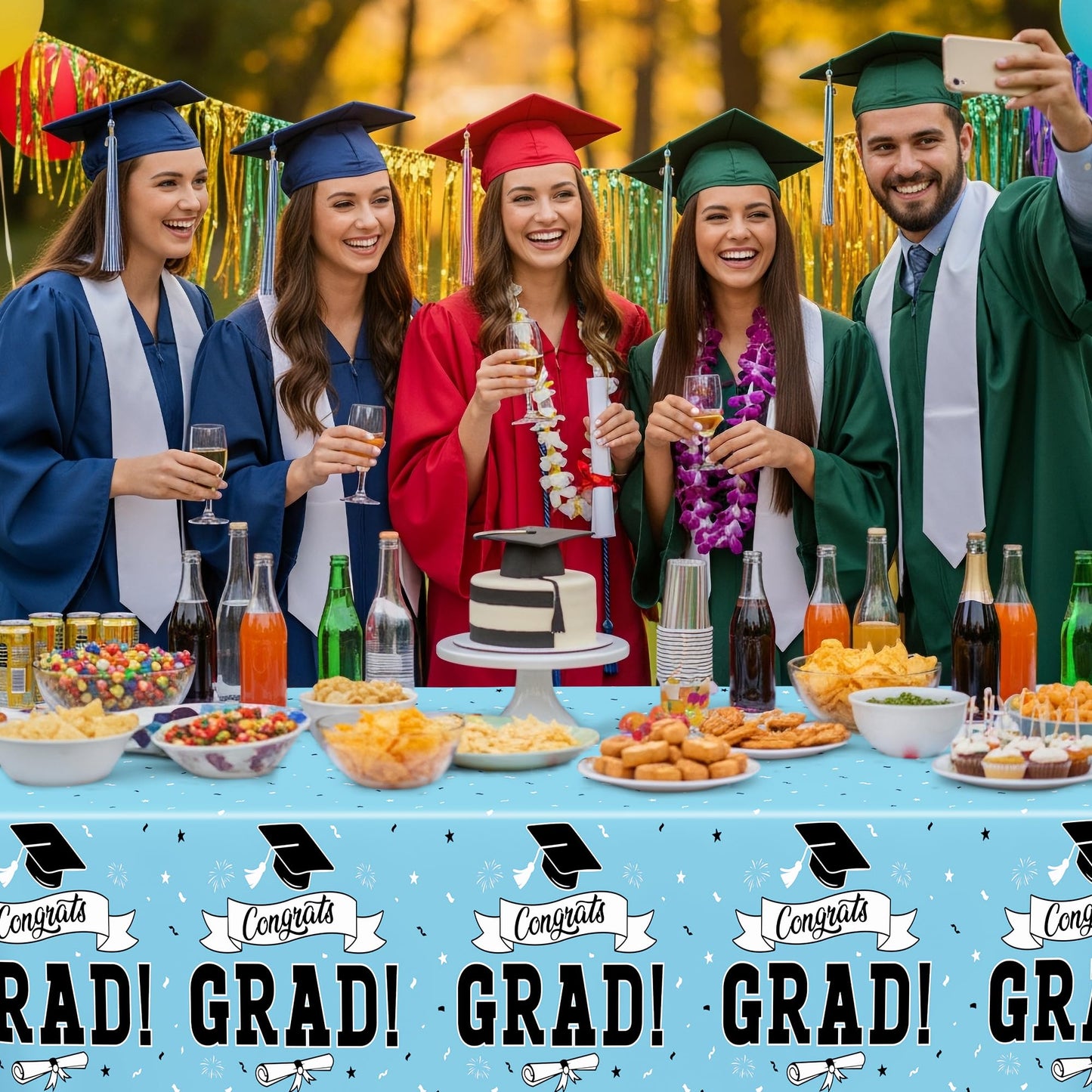 2Pcs Graduation Tablecloths, 108" X 54" Skyblue Graduation Table Decorations 2026, Rectangle Table Cloths for Class 2026 Congrats Grad, Disposable Plastic Tablecover for Grad Decor Party Supplies