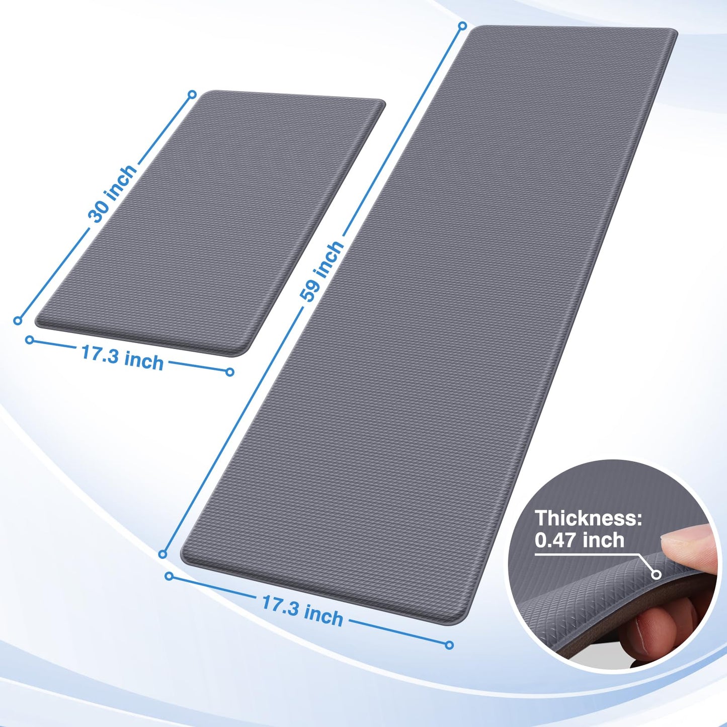 StepRite Kitchen Mats, 2PCS Kitchen Rugs, Cushioned Anti Fatigue Kitchen Mats for Floor, Non-Slip Standing Desk Mat, Waterproof Kitchen Rug Set for Kitchen, Floor, Office, 17.3"x30"+17.3"x59", Grey