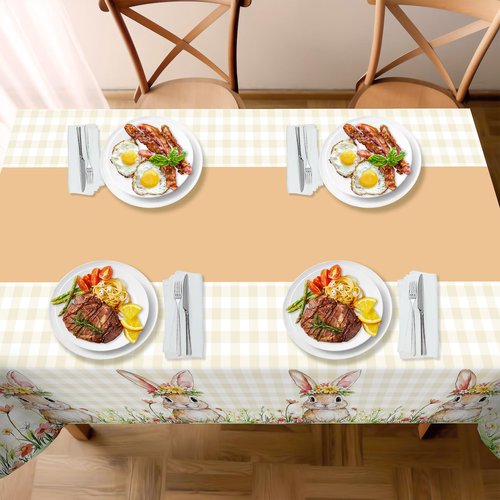 Childom 2 Pack Easter Tablecloth,Easter Decorations 54" x 108" Disposable Plastic Tablecloth,Bunny Table Cloth Checkered Decorations,Plastic Table Cover for Party Supplies,Indoor,Outside,Home,Dinner