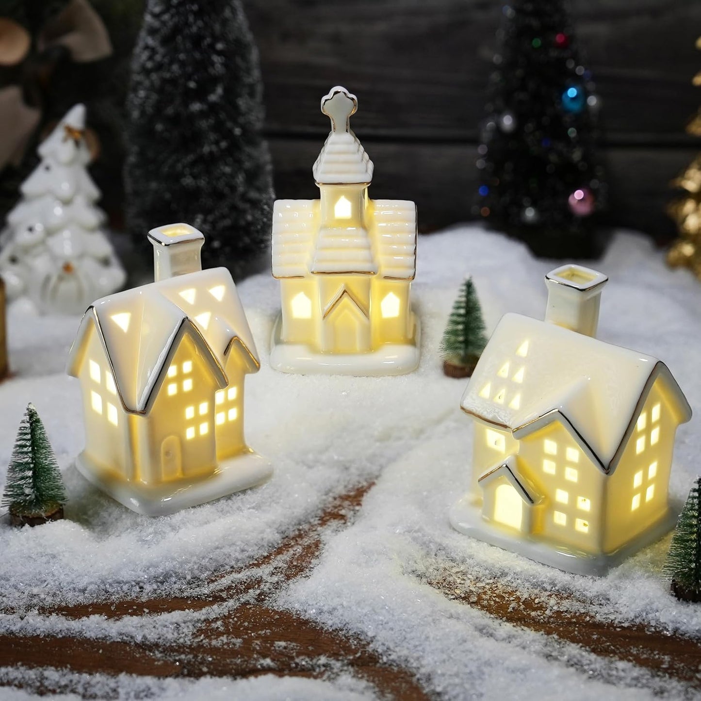 Regine Switzerland White Christmas Village Houses - 3Pcs Glazed Ceramic Set with Trees | Light Up Holiday Decor