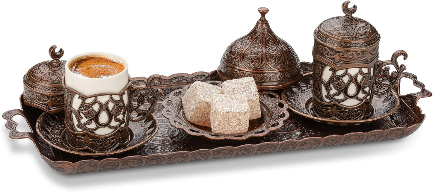 Alisveristime Ottoman Turkish Greek Arabic Espresso Coffee Cups with Saucer and Lid (Set of 2) (Hilal) (Silver)