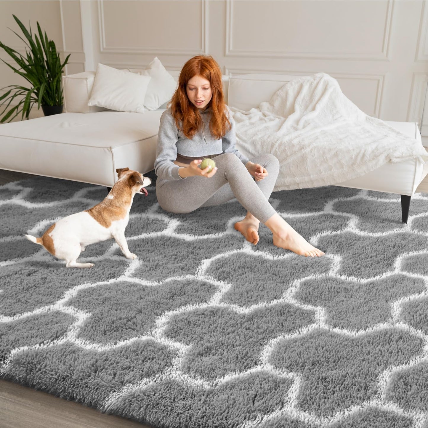 EVOIONOS 5x7 Washable Large Area Rug for Living Room, Grey and White Geometric Pattern Fluffy Shag Rug for Bedroom, Ultra Soft Plush Non Slip Carpet for Indoor Floor Nursery Kid Home Decor Aesthetic
