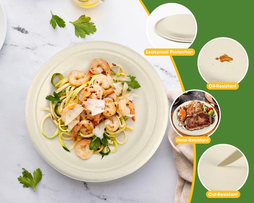 BSDPREF 300 Pack Paper Plates Set Party Supplies Severs 50 Guests Disposable Party Plates Sugarcane Forks Knives Spoons Heavy-Duty Paper Plate Bagasse Natural Compostable Eco-Friendly Birthday Wedding
