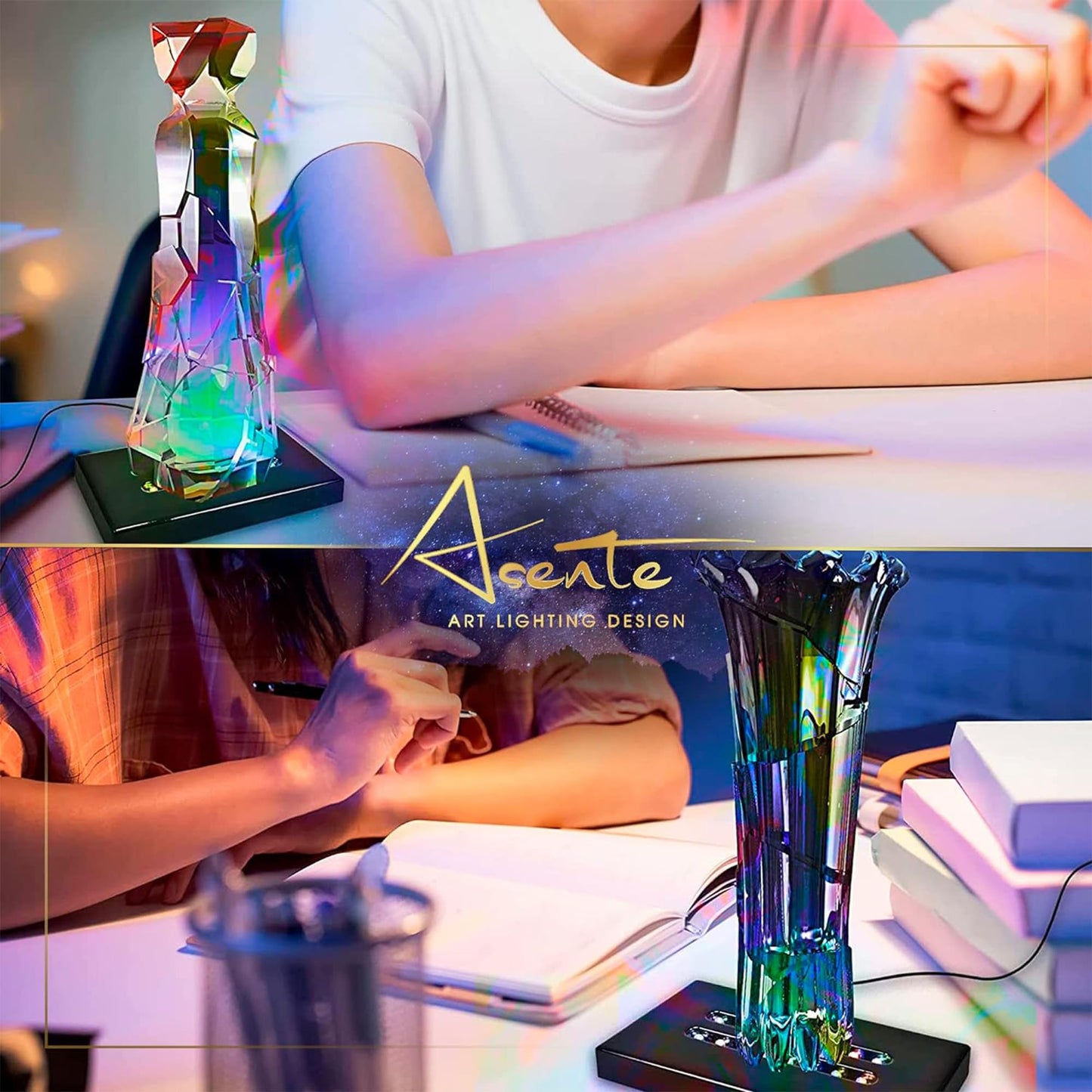ASENTE 5 LED White Large Light Stand Base - Mirror Top Sqaure Display Pedestal for 3D Crystal Glass Art - AC or Battery Operated - 4 Inch Illuminated Holder - Lighted Paperweight - Small Rock Lamp