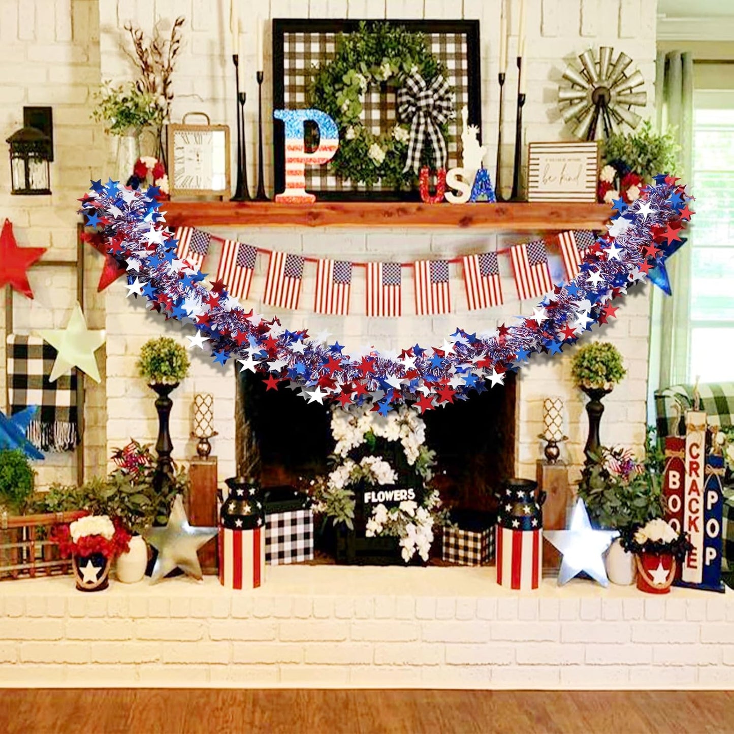 Skiennix 50Ft 4th of July Garland - Glitter Tinsel Patriotic Decor for Indoor/Outdoor Celebrations
