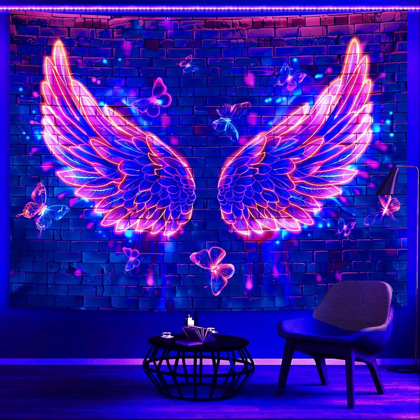 Manicer Blacklight Angel Wings Tapestry, UV Reactive Neon Wings Wall Hanging Tapestries, Fluorecent Butterfly Aesthetic Wall Art Decor for Bedroom, Living Room - 70.9" x 90.6"