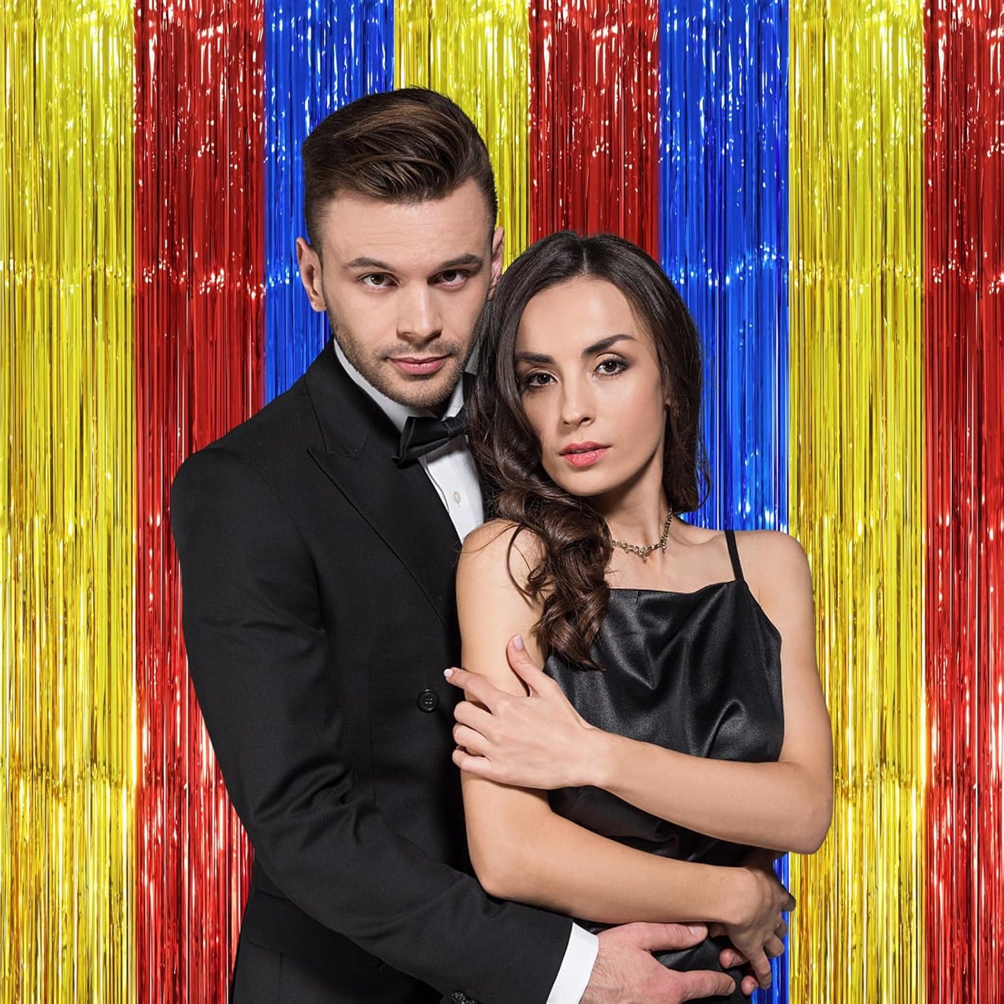 Voircoloria 3 Pack Tinsel Streamer Backdrop Curtains - Blue, Red & Gold Foil Fringe | 3.3 x 8.2 Ft Party Decorations