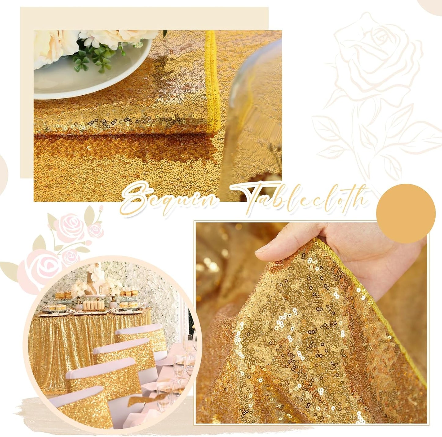 60x102 Inch Gold Sequin Tablecloth - Sparkly Rectangle Glitter Linen for Weddings & Parties