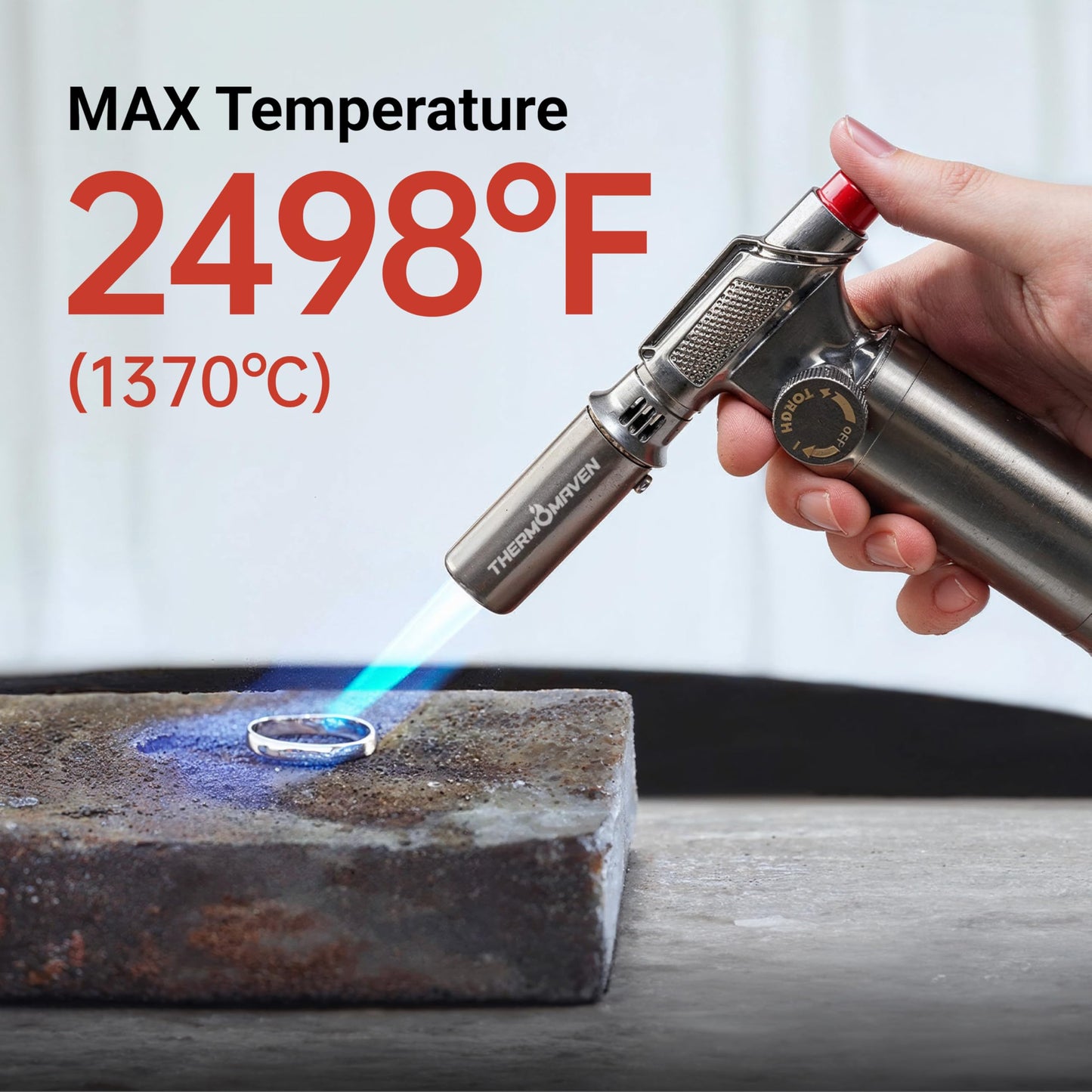 ThermoMaven Metal Butane Torch, Kitchen Torch Lighter, Refillable Cooking Blow Torch, Fit All Butane Tanks with Adjustable Flame for Culinary Food, Brulee, Baking, Soldering, DIY (Fuel Not Included)