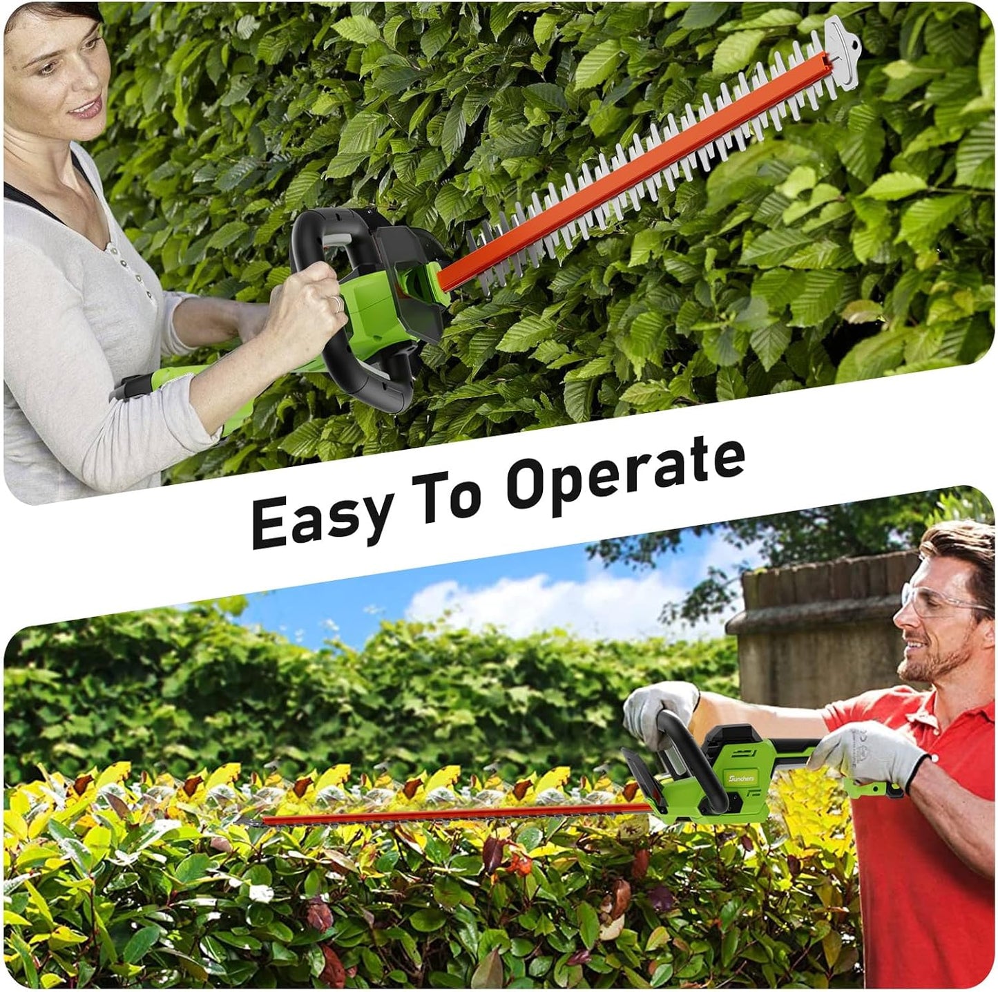 SUNCHERS 20V Max Hedge Trimmer - 22 Inch Cordless Electric Pruner with 2 Batteries & Charger | Lightweight Garden Tool