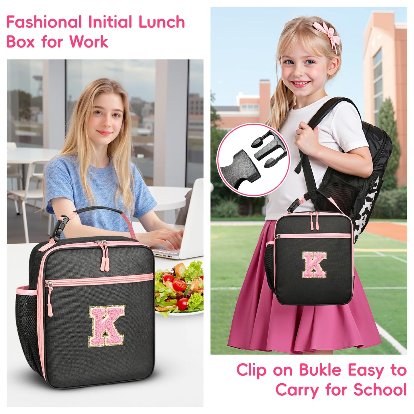 WOBAGMEN Initial Lunch Box for Women Girls,Insulated Lunch Bag with Monogram Letter,Cute Personalized Thermal Lunch Box for Teens Kids Adult for Work Camping Back to School Gift (pink, K)